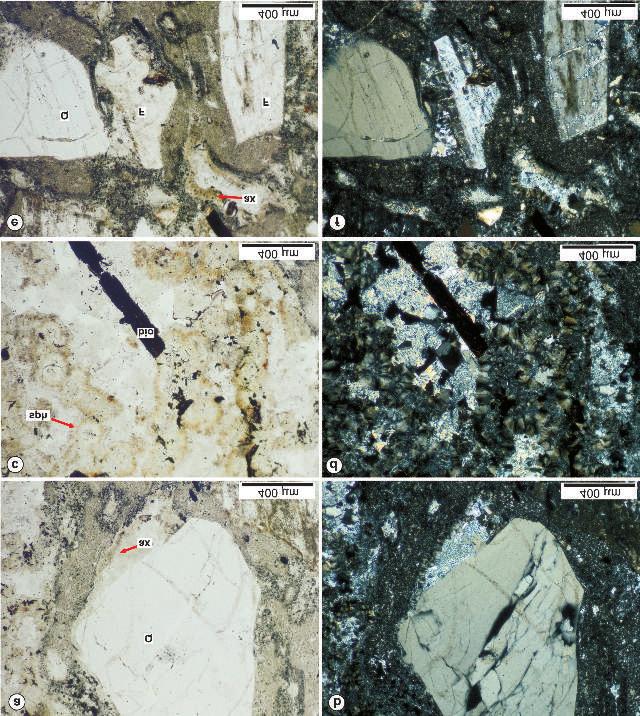 Földtani Közlöny 145/1 (2015) 11 6. ábra. A 3. vékonycsiszolat petrográfiai jellemzői (9007. sz. fúrás 119,5 m, Gyűrűfűi Riolit Formáció).