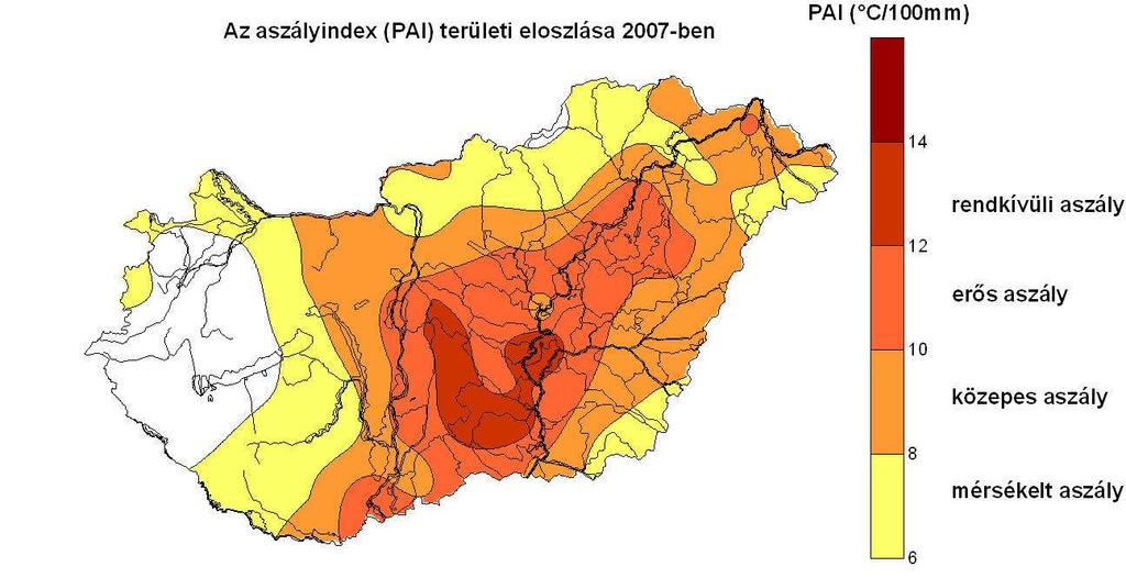 értéke helyenként a 12-t (rendkívüli aszály) is meghaladta. Az aszályindex 2007. évi országos átlaga az elzetes számítások szerint 8,98 C/100 mm. Ez összességében súlyos országos aszályt jelent.