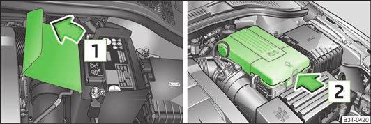 Az akkumulátor fedele 141. ábra Motortér: az akkumulátor poliészter burkolata / az akkumulátor műanyag burkolata biztonsági tudnivalókat a 169. oldalon.