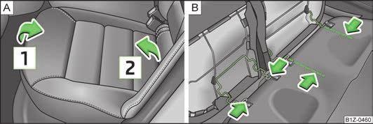Ügyeljen arra, hogy a háttámlák helyesen reteszelve legyenek. Csak ezután tudja a középső ülés hárompontos biztonsági öve a funkcióját megbízhatóan teljesíteni. VIGYÁZAT 46.