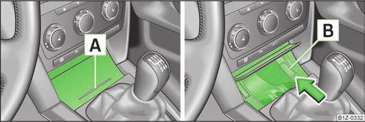 ábra Középkonzol: a hamutartó nyitása / a hamutartó betét kivétele 63. ábra Italdoboz tartó Italdoboz tartó a középkonzolban elöl A mélyedésekbe két italdoboz állítható A» 63. ábra. Italdoboz tartó a hátsó középkonzolban Nyomja meg a fedelet a B tartományban» 63.