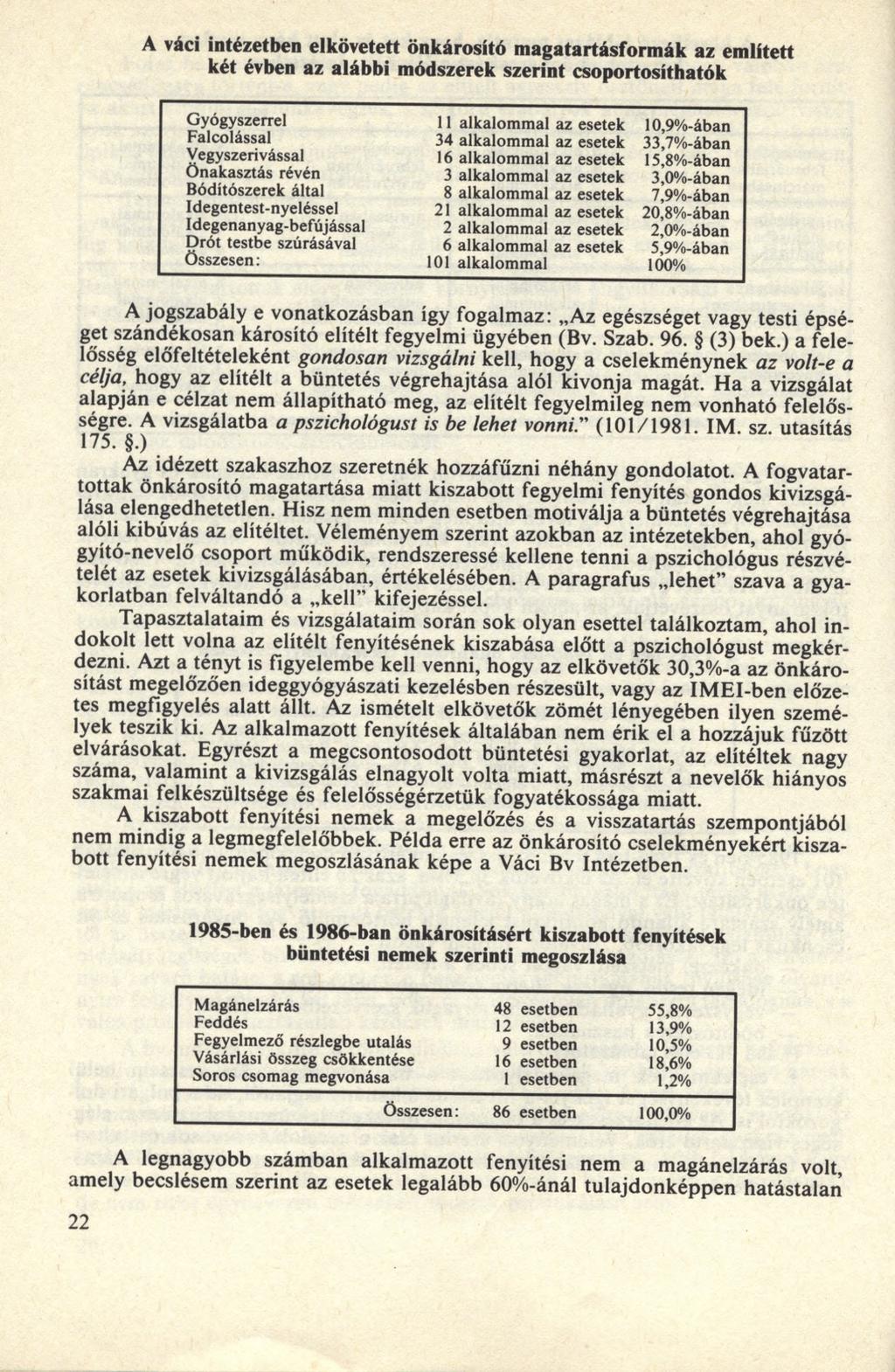 A váci intézetben elkövetett önkárositó magatartásformák az említett két évben az alábbi módszerek szerint csoportosíthatók Gyógyszerrel Falcolással Vegyszerivással Önakasztás révén Bódítószerek