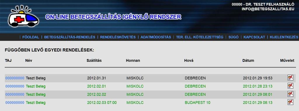 Szolgáltatóspecifikus felület A fejléc Főoldal Egyedi betegszállítás-rendelés A megrendelő orvosra vonatkozó adatok A szállítandó személy adatai A szállítást indokoló, illetve a szállítás