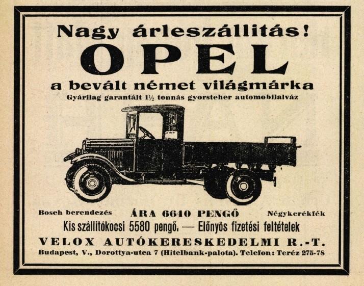 26 13. ábra Velox Rt. hirdetése 1,5T Opel teherautó (Forrás: Színházi Élet 1927. 46.