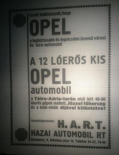 66 30. ábra Hirdetés a Tátra-Adria-túrán elért eredménnyel (Forrás: Autó 1913. 11-12. szám OSZK) Ezek után kisebb szünet következett, egyrészt az I. világháború, másrészt a képviselet miatt.