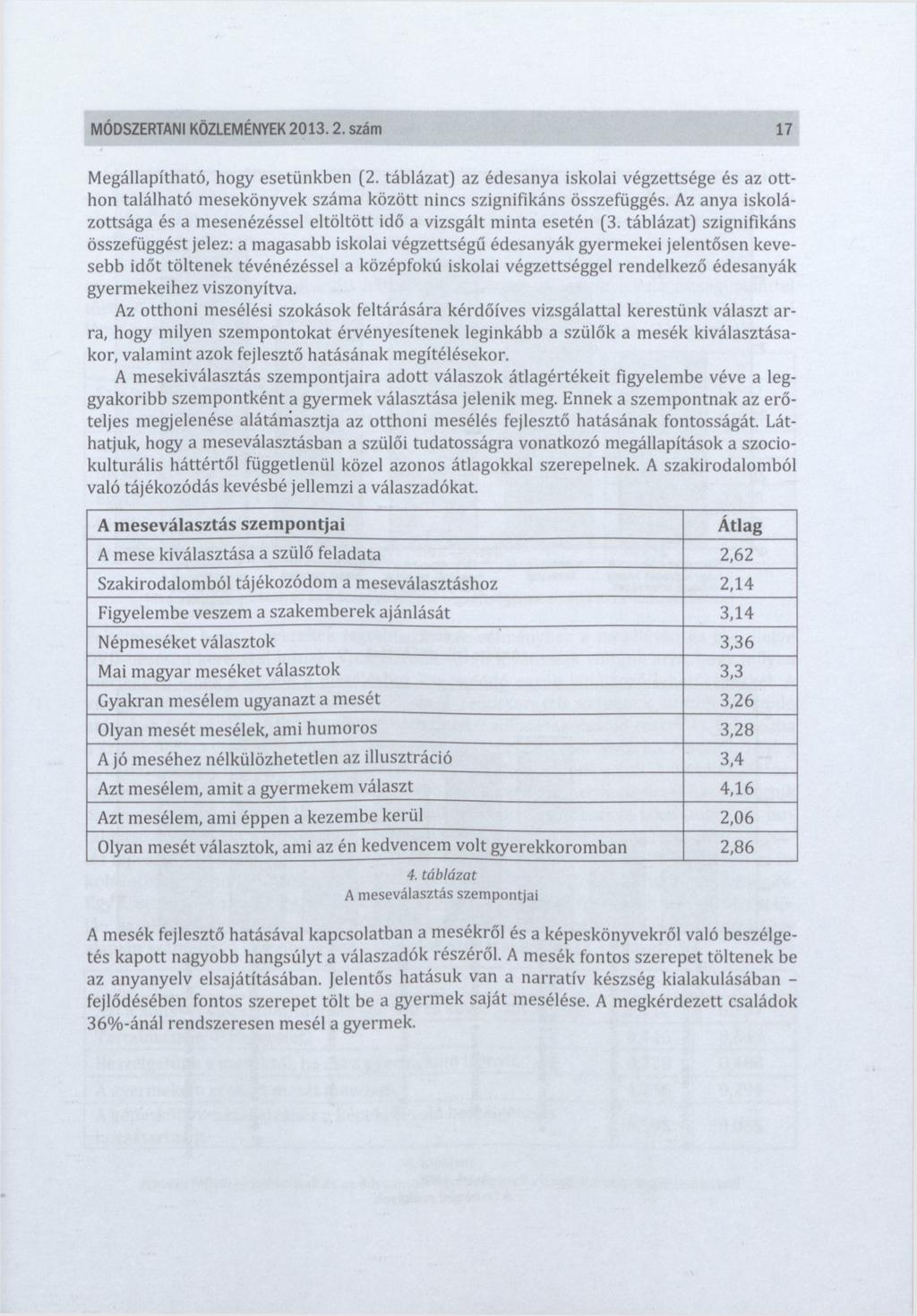 MÓDSZERTANI KÖZLEMÉNYEK 2013. 2. szám 17 Megállapítható, hogy esetünkben (2. táblázat) az édesanya iskolai végzettsége és az otthon található mesekönyvek száma között nincs szignifikáns összefüggés.