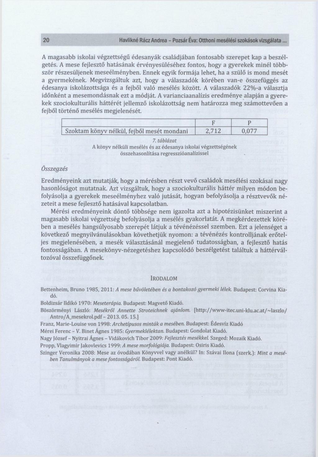 20 Havlikné Rácz Andrea - Pozsár Éva: Otthoni mesélési szokások vizsgálata... A magasabb iskolai végzettségű édesanyák családjában fontosabb szerepet kap a beszélgetés.
