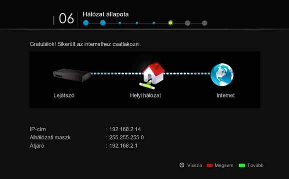 Ellenőrizze az internet- és hálózati kapcsolatát! Ha gratuláló üzenetet kap, a hálózati beállítás befejeződőtt.