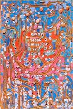 Művészet 15 Jeles nap. Nándorfehérvári diadal. 1998. Olajtempera, vegyes technika, farostlemez 20x18 cm.