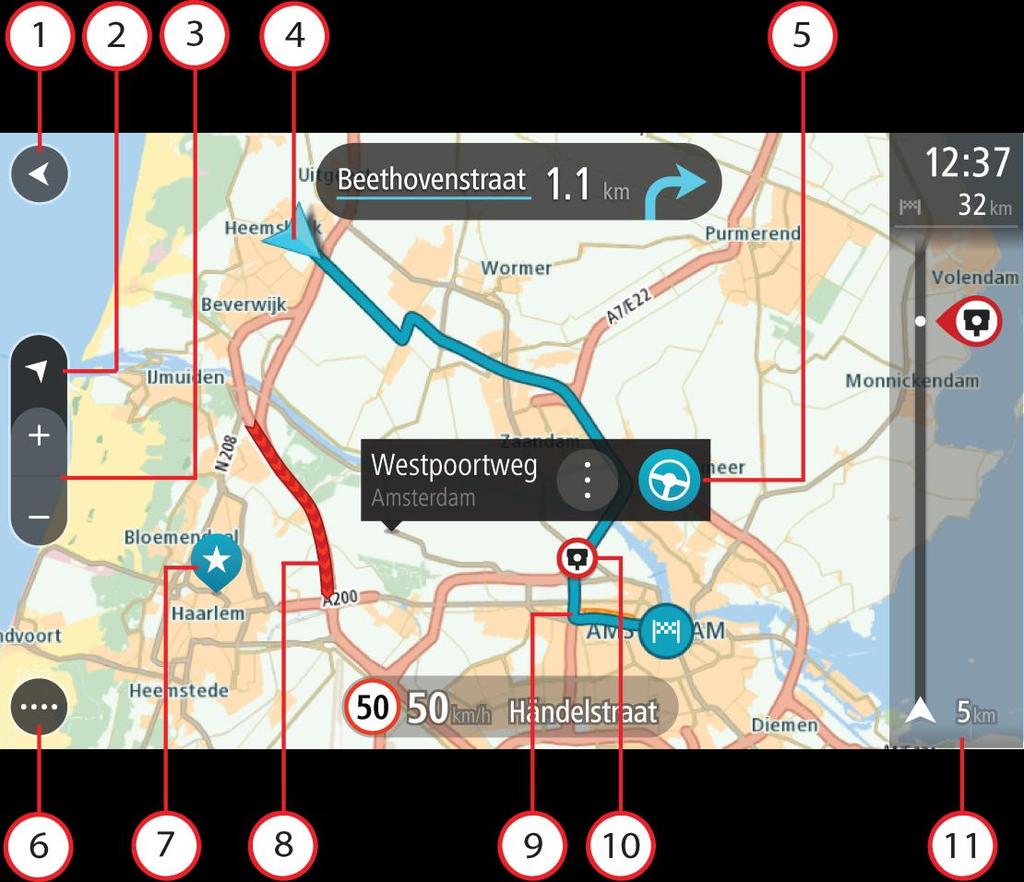 A képernyőn látható elemek A térkép nézet A térkép nézet olyankor látszik, ha nincs tervezett útvonala. Amint a készülék megtalálja a GPS helyet, megjelenik az Ön aktuális pozíciója.