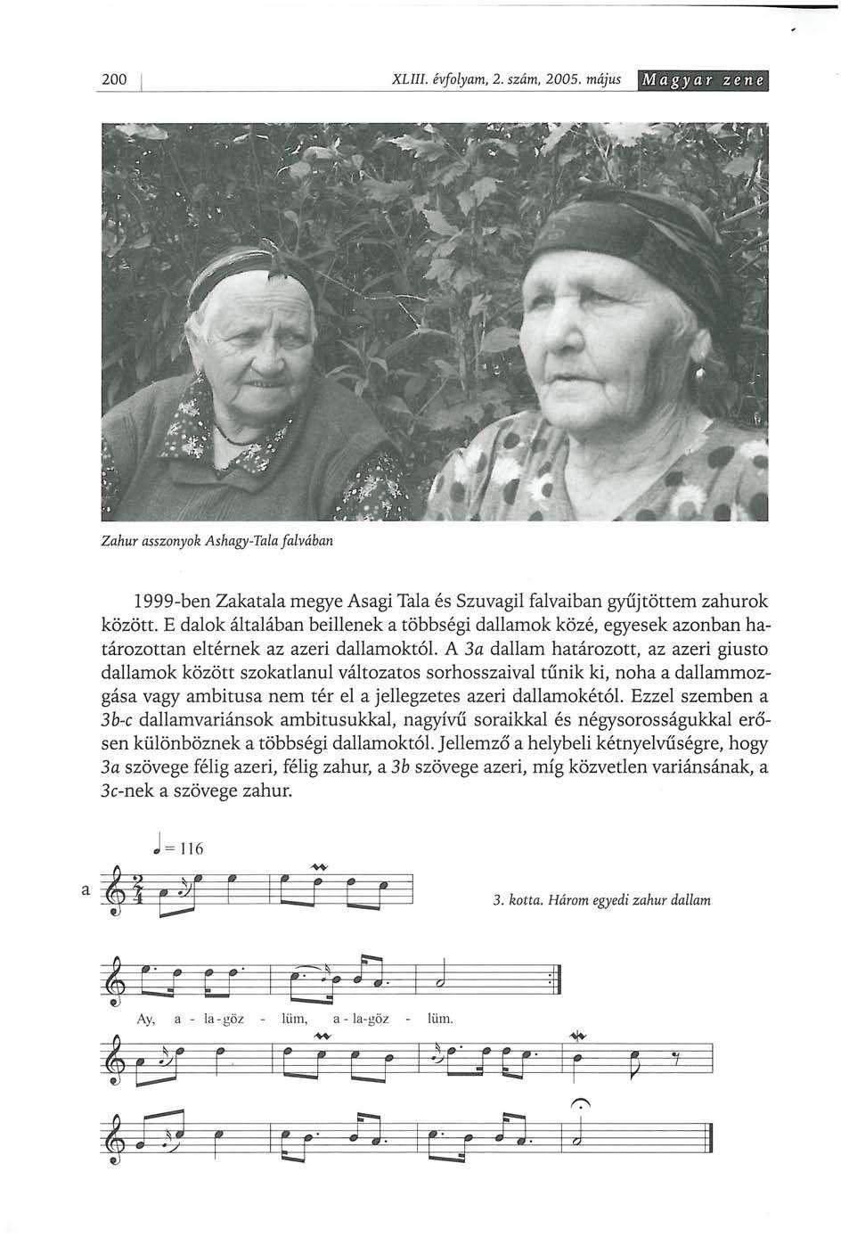 200 XLIII. évfolyam, 2. szám, 2005. május Magyar zene Zahur asszonyok Ashagy-Tala falvában 1999-ben Zakatala megye Asagi Tala és Szuvagil falvaiban gyűjtöttem zahurok között.