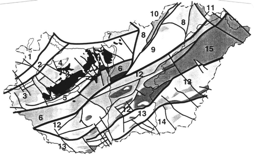 Magyarország földtani vázlata a kainozoos üledékek elhagyásával Trunkó (1996) alapján 1-11.