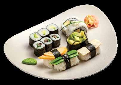 Vegyes valogatas I Mixed selection TAKE (8 maki 4 nigiri) vegetáriánus válogatás vegetarian selection 2 Kinoko tekercs, 3 avokádó maki, 3 uborka maki, 1 cukorborsó nigiri, 1 japán omlett nigiri, 1