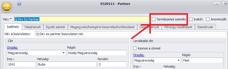 Ennek feltétele, a partner ne legyen természetes személy (pipa hiányzik). Funkciómódosulás: Kimenő és Bejövő számlákon a Tételsor megnevezése 80 karakteresre módosult.