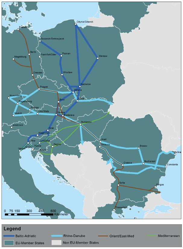 CROCODILE projekt Kiemelt korridorok: Balti - Adria Rajna - Duna