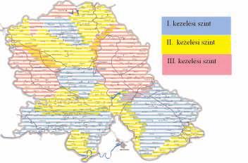 5. ábra A vajdasági nyersvizek ivóvízszintű kezelési igényei Magyarázat: I. levegőztetés, szűrés, fertőtlenítés; II. levegőztetés, kémiai kezelés, szűrés, fertőtlenítés; III.