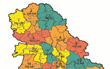 6. ábra A szerb nemzeti hulladékgazdálkodási stratégia szerinti regionális szemétlerakók által kiszolgált térségek (sorszámok és lakosok száma) A stratégia szerint az észak-vajdasági régió lakosságát