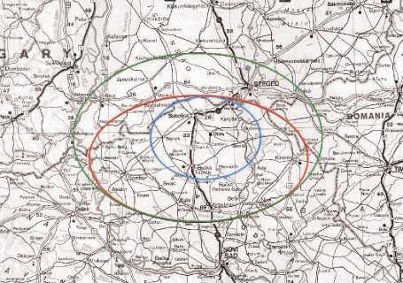 Szabadka, Csóka kb. 50x70 km tengelyű), ill. egy tágabb (II.) észak-vajdasági (I. + Apatin, Óbecse, Kikinda, Kula, Kishegyes, Csernye, Törökbecse, Zombor, Szenttamás, Verbász kb.