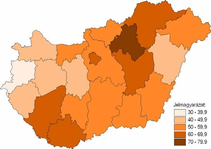 6 A művi vetélések 100 élveszületésre jutó számát tekintve az egyes régiók illetve megyék között jelentős eltérések mutatkoztak 2004-ben.