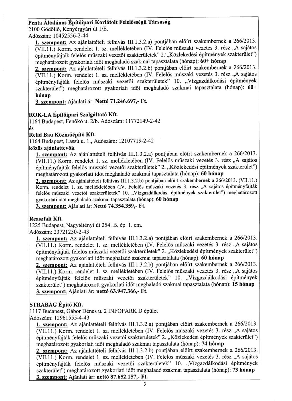 Penta Általános Építőipari Korlátolt Felelősségű Társaság 2100 Gödöllő, Kenyérgyári út 1/E. Adószám: 10452556-2-44 1, szempont: Az ajánlattételi felhívás III.1.3.2.a) pontjában előírt szakembernek a 266/2013.