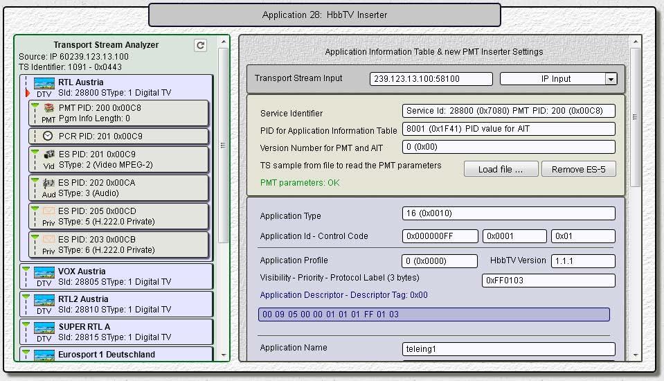 HbbTV Inserter 104 A Transport Stream Analyzer lapon a programok egyikére kattintva a szoftver automatikusan átmásolja a kiválasztott program PMT táblájából a szükséges adatokat.