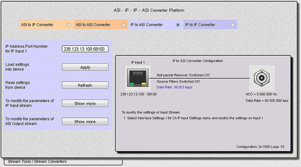 Stream Converter 83 A [Refresh] gombra kattintva a szoftver visszaolvassa és adatsebességgel kiegészítve megjeleníti az aktuális konfigurációt.