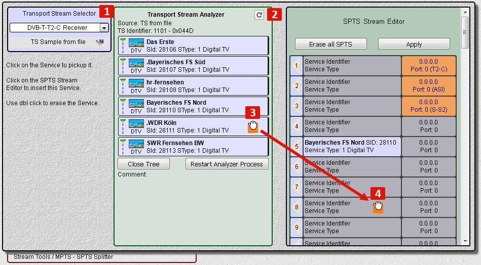 MPTS SPTS Splitter 90 A Service adataira kattintva (4) a szoftver ide illeszti be az előbb kiválasztott szolgáltatás jellemzőit. A beillesztés hatására a cursor visszaáll a megszokott alakjára.