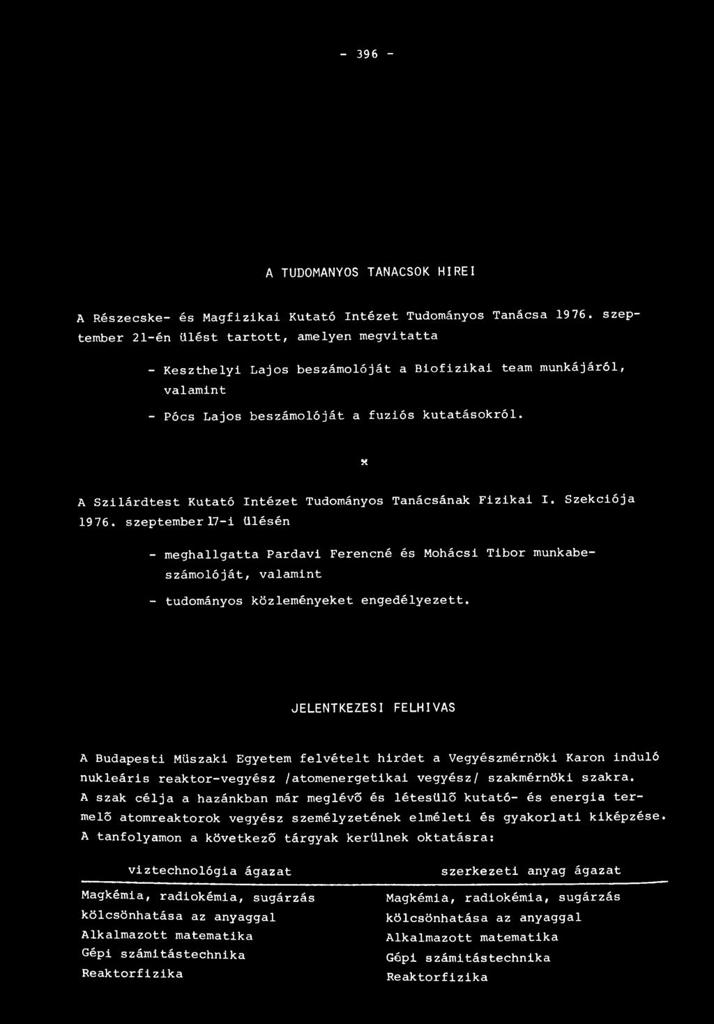 x A Szilárdtest Kutató Intézet Tudományos Tanácsának Fizikai I. Szekciója 19 76.