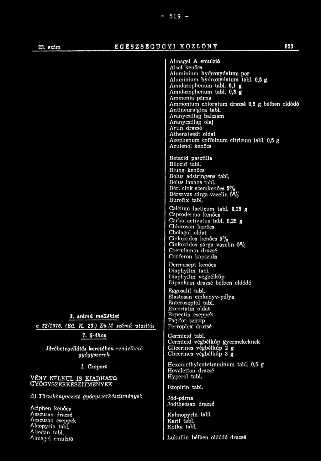 0,5 g A zulenol kenőcs 3. számú melléklet a 32/1976. (Eü. K. 23.) E ü M szám ú utasítás 7. -ához Jdróbetegelldtds keretében rendelhető gyógyszerek l.
