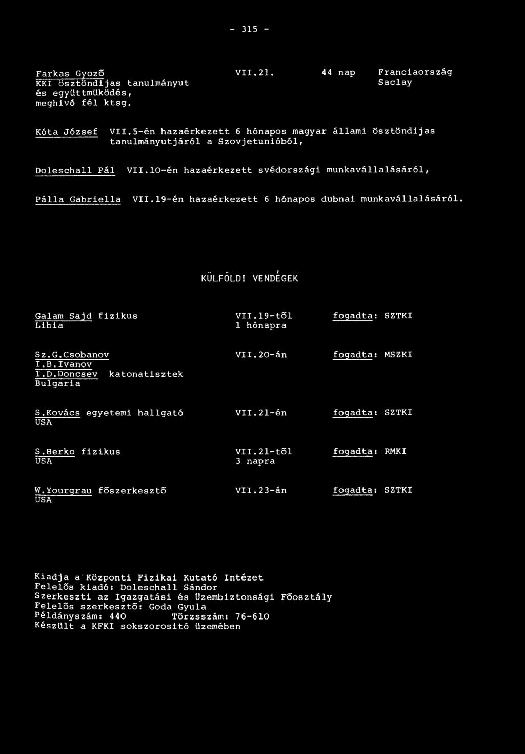 19-én hazaérkezett 6 hónapos dubnai munkavállalásáról. KÜLFÖLDI VENDÉGEK Galam Sajd fizikus VII.19-től fogadtai SZTKI Libia 1 hónapra Sz.G.Csobanov VII.20-án fogadta: MSZKI I.B.Ivanov I.D.Doncsev katonatisztek Bulgaria S.