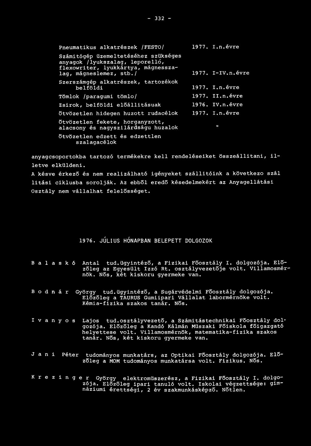 huzalok ötvözetlen edzett és edzettlen szalagacélok 1977. I.n.évre 1977. I-IV.n.évre 1977. I.n.évre 1977. II.n.évre 1976. IV.n.évre 19 77. I.n.évre I anyagcsoportokba tartozó termékekre kell rendeléseiket összeállítani, illetve elküldeni.
