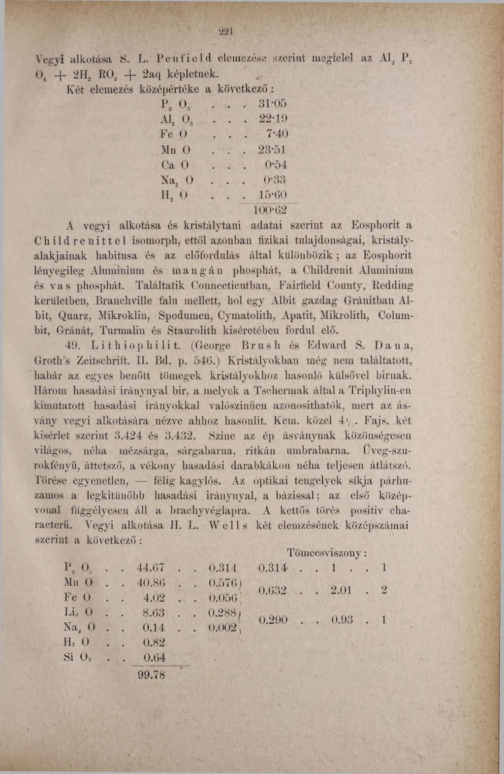 221 Vegyi alkotása 8. L. Pen field elemezése szerint megfelel az Af, P3 Os -f- 2H2 Rü2 -f- 2aq képletnek. Ivét elemezés középértéke a következő : p 2 o 5.. 31-05 Af. 0 3.. 22-19 Fe 0 7"40 Mn 0.