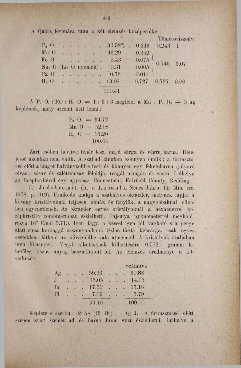 A Quarz levonása után a két elemzés középértéke Tömecsviszony Pa O ó... 34.52 lo. 0.243 0.243 1 Mn 0... 46.20 0.652 i Fe 0... 5.43 0.075 ' Na2 0 (Li> 0 nyomok). 0.31 0.005 ^ Ca 0... 0.78 0.014 ^ Ha 0.