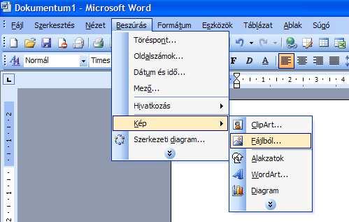 Kép beszúrása fájlból Más programból származó képeket a Beszúrás menü Kép» Fájlból parancsával vagy a Kép,