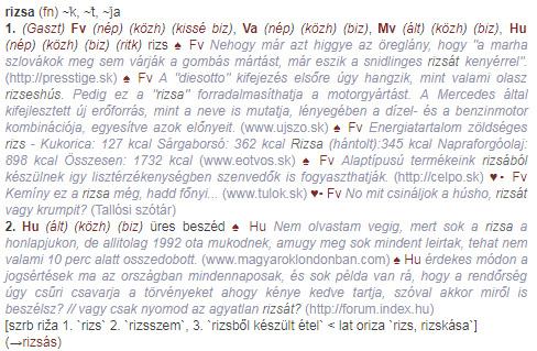 M. Pintér Tibor 2. ábra: A rizsa szócikk (a szócikk grafikus elrendezésének köszönhetően könnyen áttekinthető szerkezet) címszó mögötti lexikális és konceptuális tartalmakról.