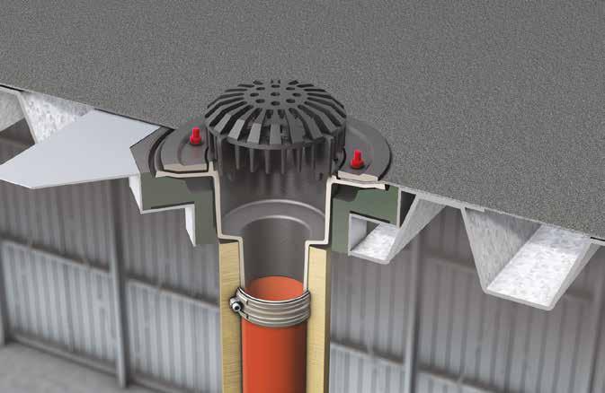 Tetőösszefolyó rendszer Beépítési javaslat ACO tetővíz elvezetés Beépítési javaslat - trapézlemez tető Lapostető vízelvezetése ACO Spin öntöttvas összefolyórendszerrel 1 a 3 2 4 b 1 Golyós rostély :