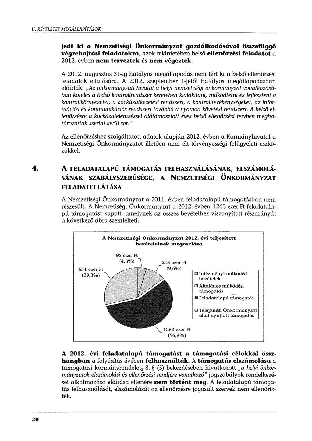 II. RÉSZLETES MEGÁLLAPÍTÁSOK jedt ki a Nemzetiségi Önkormányzat gazdálkodásával összefüggö végrehajtási feladatokra, azok tekintetében belső ellenőrzési feladatot a 2012.