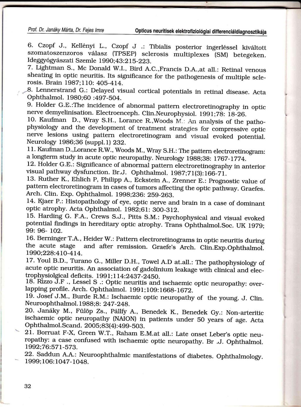 Opticus neuritisek elektrofiziológiai differenciáldiagnosztikája 6. Czopf J., Kellényi L.