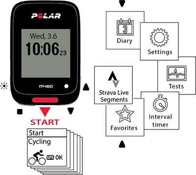 A menüben a következőket találja: Diary (napló) Settings (beállítások) Tests (tesztek) Interval timer (intervallum-időzítő): Favorites (kedvencek) Strava Live Segments NAPLÓ A Diary (napló) menüben