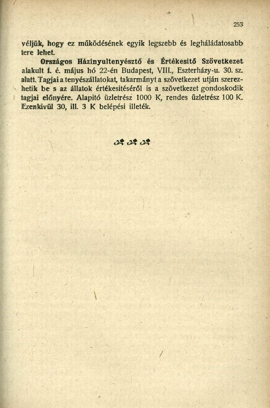 véljük, hogy ez működésének egyik legszebb és legháládatosabb tere lehet. Országos Házinyultenyésztő és Értékesítő Szövetkezet alakult f. é. május hó 22-én Budapest, VIII., Eszterházy-u. 30. sz.