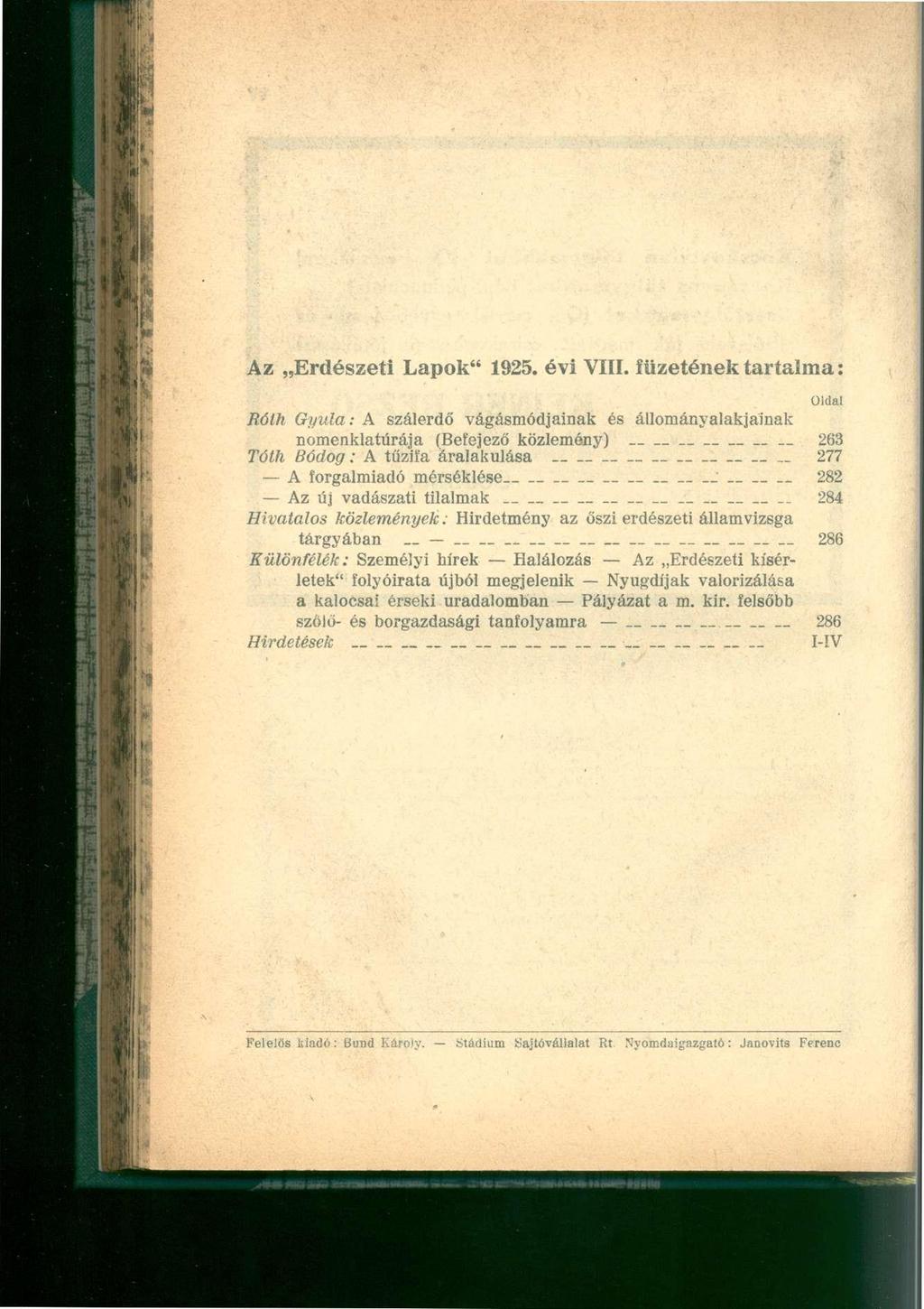 Az Erdészeti Lapok" 1925. évi VIII.