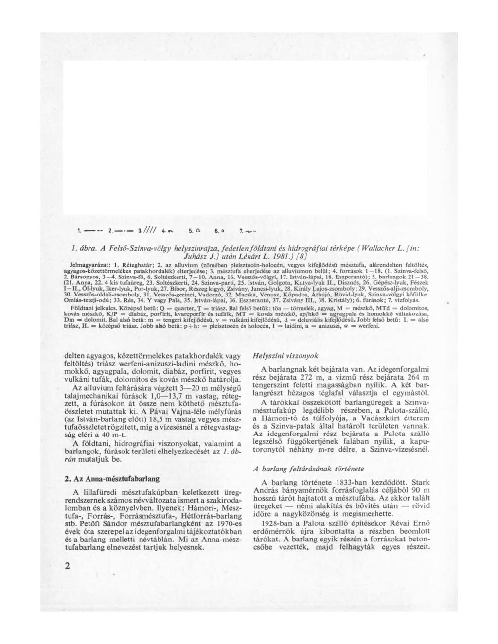 1.-------- 2.----------- 3.//// 4- rv 5. 6.0 7. ~+'- 1. ábra. A Felső-Szinva-völgy helyszinrajza, fedetlen földtani és hidrográfiai térképe (Wallacher L. [in: Juhász J.J után Lénárt L. 1981.