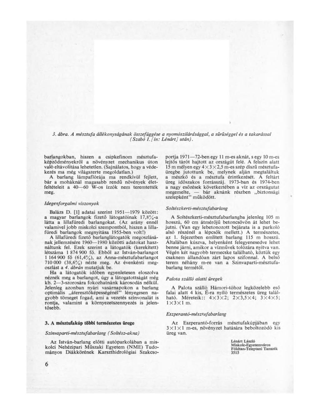 3. ábra. A mésztufa állékonyságának összefüggése a nyomószilárdsággal, a sűrűséggel és a takarással (Szabó I. [ in: Lénárt] után).
