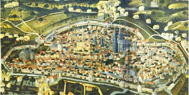 8. FELADAT A feladat a középkori városról szól. A képek alapján válaszoljon a kérdésekre! (összesen 10 pont) a, Mi szimbolizálta a város önállóságát a képen látható elemek közül?