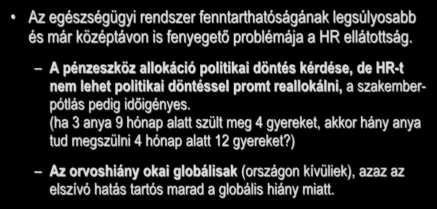 Az alap állítás Az egészségügyi rendszer fenntarthatóságának legsúlyosabb és már középtávon is fenyegető problémája a HR ellátottság.