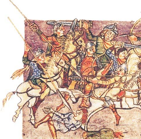 XI. századi illusztráció a nyugati lovasságról Láthatjuk, hogy a harcban a martalék mozog, a zöm pedig egy zárt csoportban várja az ellenség támadását.