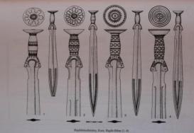 variánsa Griffzungeschwert Csészés markolatú kard: vonalakból, pontokból és madárfejből álló
