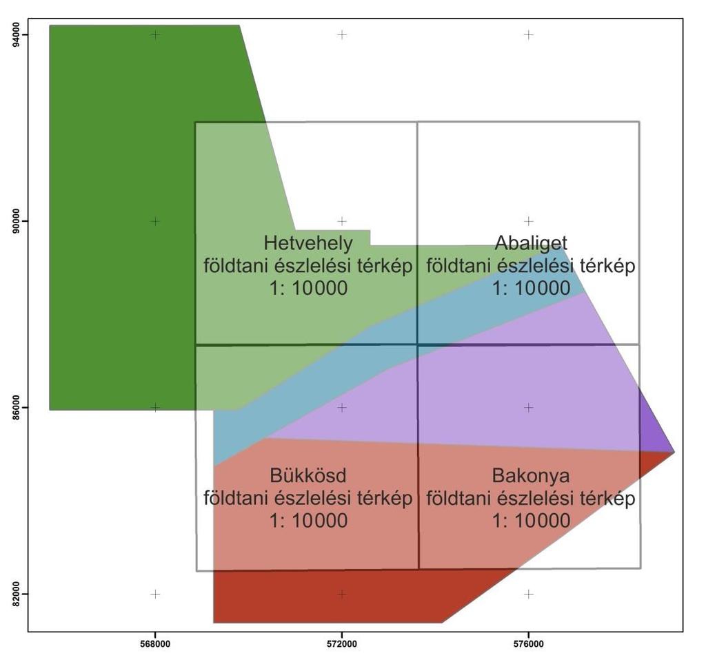 5. ábra A kutatás során felhasznált analóg térképek térbeli elhelyezkedése a méretarány feltüntetésével Az analóg térképek georeferálva lettek EOV vetületi rendszerben, fúrási pontok alapján, majd a