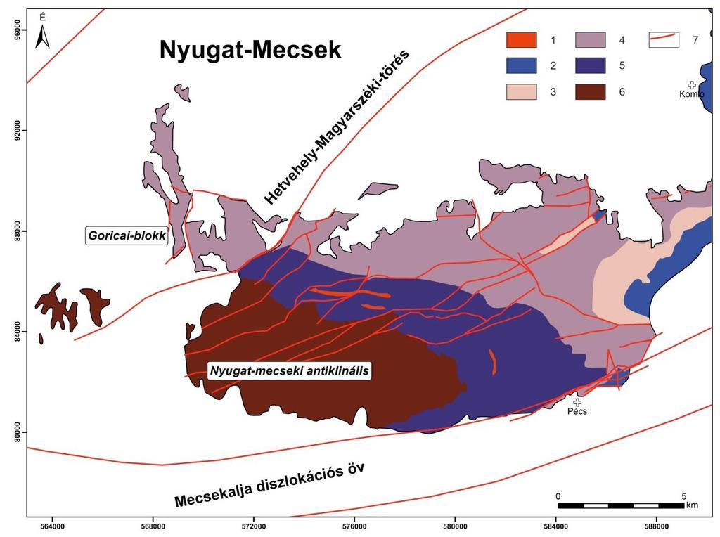 2. ábra A Nyugat-Mecsek és tágabb környezetének földtani térképe és a terület főbb szerkezeti elemei (KONRÁD GY. et al. 2010 alapján) 1. kréta bazalt, 2. felső-triász - alsó-jura Mecseki Kőszén, 3.