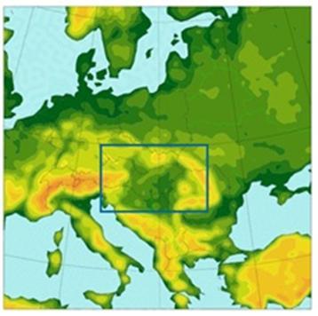 3.5.1-1. ábra: Az ALADIN-Climate modell 25 (teljes panel) és 10 km-es (kék téglalap) felbontású tartományai 3.5.1-2.